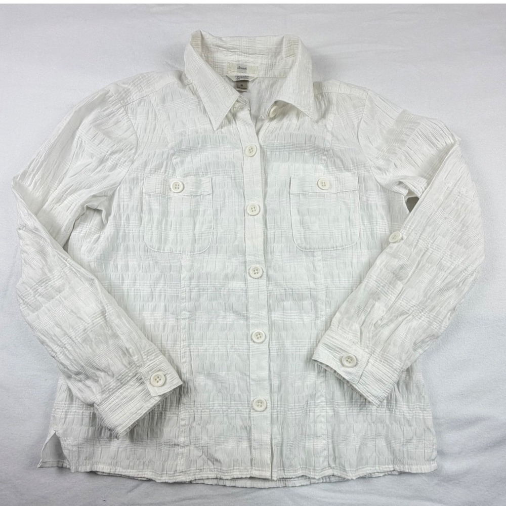 Christopher & Banks White Textured Seersucker Button Down XL Stretch Roll Tab